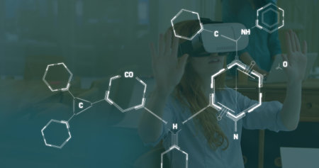 Image of chemical formula over caucasian woman using vr headset. Global science, technology and digital interface concept digitally generated image.の写真素材