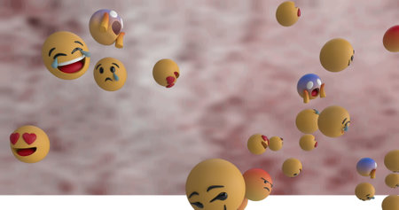 Digital image of multiple face emojis floating over against texture on brown background. expression...