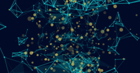 Image of plexus networks and yellow spots of light against blue background. Global networking and...