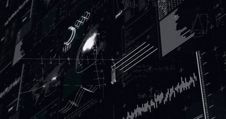 Image of statistics and data processing over black background. Global data processing and digital interface concept digitally generated image.の写真素材