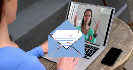 Image of email icon over caucasian woman on laptop image call. Global social media, business,...