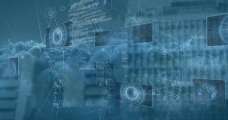 Image of data processing over clouds. Global business and digital interface concept digitally...