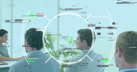 Image of scope scanning over diverse business people in office. Global business and digital...