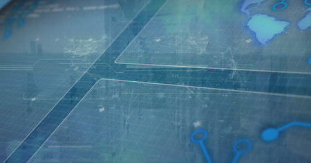 Image of data processing over server room. Global business and digital interface concept digitally generated image.の写真素材