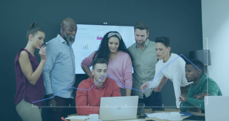 Image of data processing over diverse business people in office. Global business and digital...
