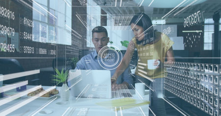 Image of data processing over diverse business people in office. Global business and digital interface concept, digitally generated image.の写真素材