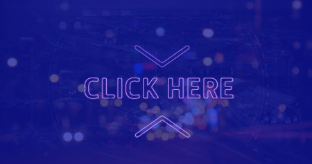 Image of click here neon text banner against night city traffic. Social media networking and...