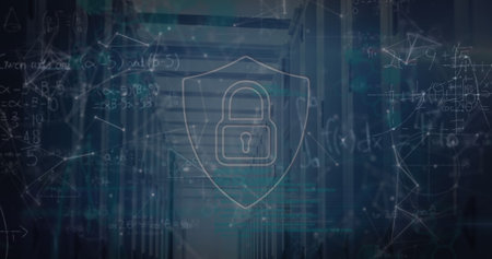 Image of padlock and shapes over mathematical equations and server room. Global business and digital...