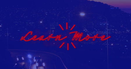 Image of learn more neon text banner against aerial view of night city traffic. Social media networking and business technology conceptの写真素材