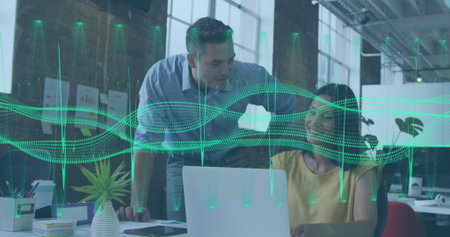 Image of data processing over diverse business people in office. Global business and digital...