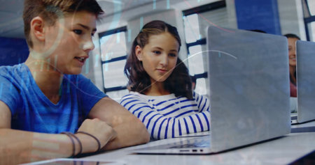 Image of graphs, bar, circles over diverse students watching project over laptop in classroom....