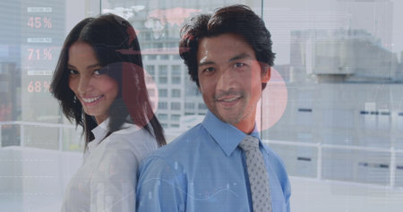Image of data processing over happy diverse business people. Global business, finances, computing...