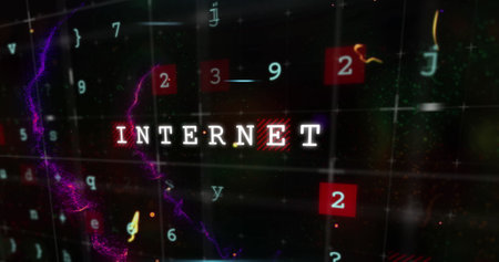 Image of multiple texts over lens flares, letters, numbers, symbol against abstract background. Digitally generated, hologram, illustration, password, signs and technology concept.の写真素材