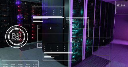 Image of interface with data processing against computer server room. Computer interface and...