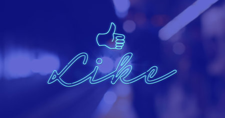 Image of like neon text banner and icon against train arriving at a station. Social media networking and business technology conceptの写真素材