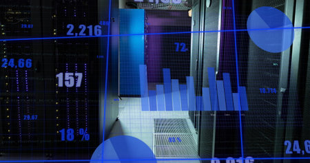 Blue charts and graphs processing data over glowing servers in dark computer server room....