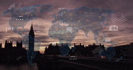 Image of data processing and world map against city traffic and big ben tower. Global networking and business technology conceptの写真素材