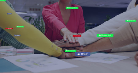 Image of notification bars, midsection of diverse coworker discussing and putting hands together. Digital composite, multiple exposure, business, social media reminder and teamwork concept.の写真素材