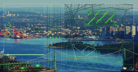 Image of interface with data processing against aerial view of sea and cityscape. Computer interface...