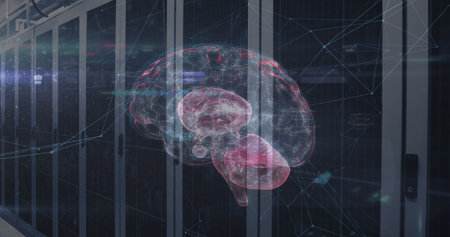 Image of network of connections and brain over data processing and server room. Global technology...