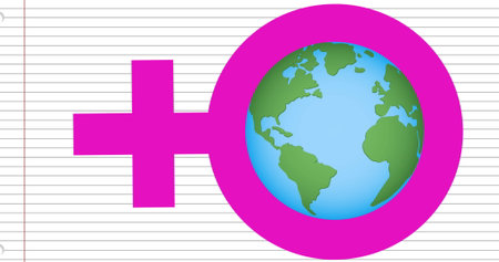 Image of globe in female gender symbol over lines against white background. Digitally generated, hologram, illustration, sex sign, abstract, design and globalization concept.の写真素材