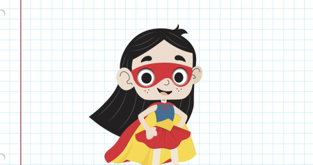 Image of girl wearing super hero mask and clothes over grid pattern against white background. Digitally generated, hologram, illustration, three dimensional, comics, childhood concept.の写真素材