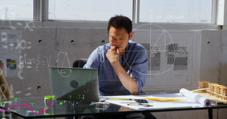 Image of mathematical equation and diagrams, asian architect designing blueprint on laptop. Digital...