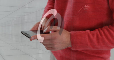 Image of financial data processing over caucasian businessman using smartphone. Global business,...