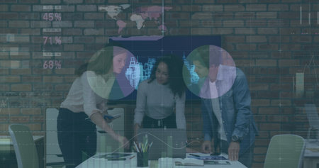 Image of financial data processing over diverse business people in office. Global computing, digital...