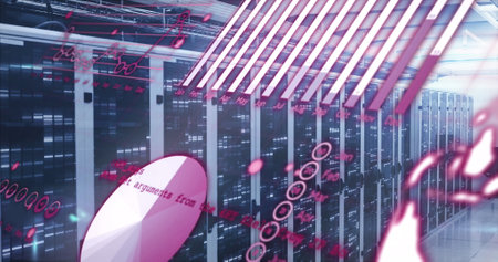 Image of graphs, globe and computer language over bars on data server racks. Digital composite,...