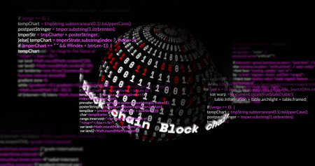 Image of binary coding data processing over globe. Global finance, business, connections, computing...
