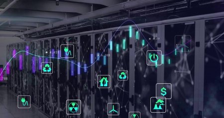 Image of eco icons and data processing over computer servers. Global business, connections,...