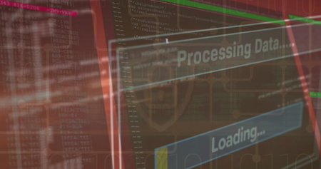 Image of interface with data processing against security padlock icon. Cyber security and business interface technology conceptの写真素材