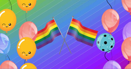 Image of happy colourful balloons and rainbow flags on rainbow background. Lgbtq, pride, sexuality, gender, expression and colour concept digitally generated image.の写真素材