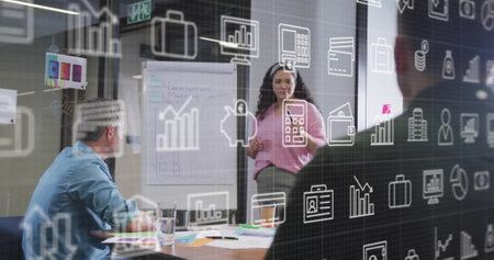 Image of multiple icons, diverse female manager explaining reports to coworkers on whiteboard....