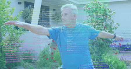 Image of computer language over senior caucasian man stretching hands in lawn at home. Digital...