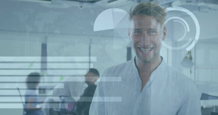 Image of financial data processing over caucasian businessman in office. Global business, finances, computing and data processing concept digitally generated image.の写真素材