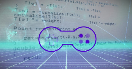 Image of gamepad over data processing on dark background. global connections, data processing and...