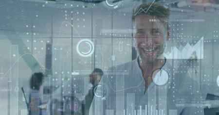 Image of financial data processing over caucasian businessman in office. Global business, finances, computing and data processing concept digitally generated image.の写真素材