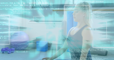 Image of data, statistics and graphs over Caucasian woman meditating. Public health pandemic...