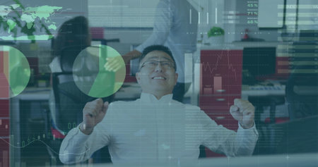 Image of financial data processing over biracial businessman in office. Global business, finances,...