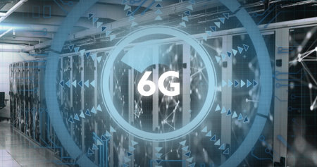Image of 6g text and data processing over computer servers. Global connections, digital interface, computing and data processing concept digitally generated image.の写真素材