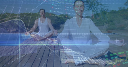 Image of graphs, data and statistics over Caucasian couple meditating by a pool. Public health pandemic coronavirus Covid 19 social distancing and self isolation in quarantine lockdown concept digの写真素材