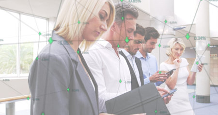Image of network of connections and data processing over group of people using electronic devices....
