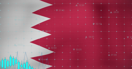 Image of data processing over flag of bahrain. global business, finances, connections and digital...