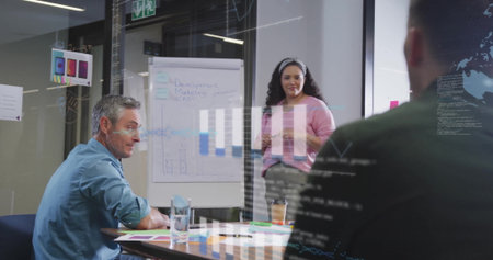 Image of graphs, globes, computer language over diverse coworkers discussing reports in office....