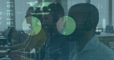 Image of financial data processing over diverse businesspeople in office. Global business, finances,...