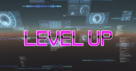 Image of level up text over data processing on dark background. global connections, data processing...
