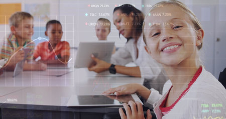 Image of stock market data processing over caucasian girl using digital tablet at school. Global...