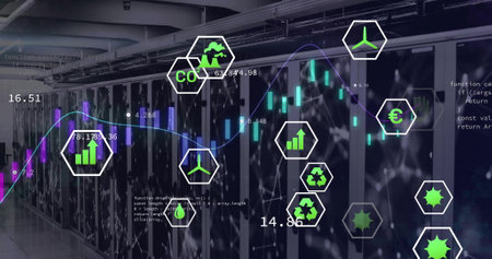 Image of eco icons and data processing over computer servers. Global business, connections,...